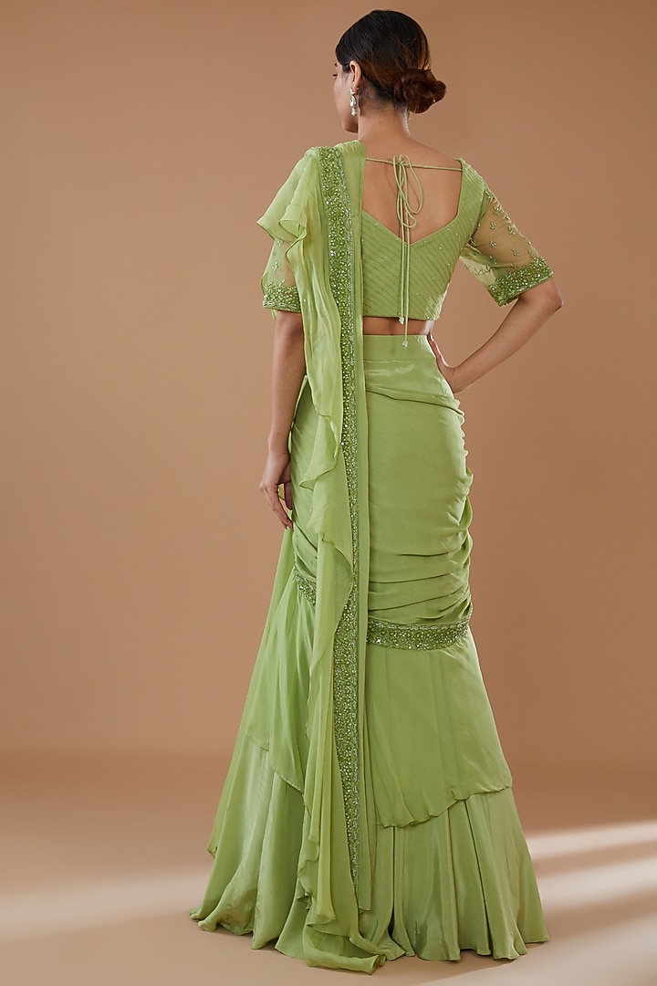 Green Georgette & Crepe Wedding Lehenga Saree Set by Baidehi at Pernia's Pop Up Shop