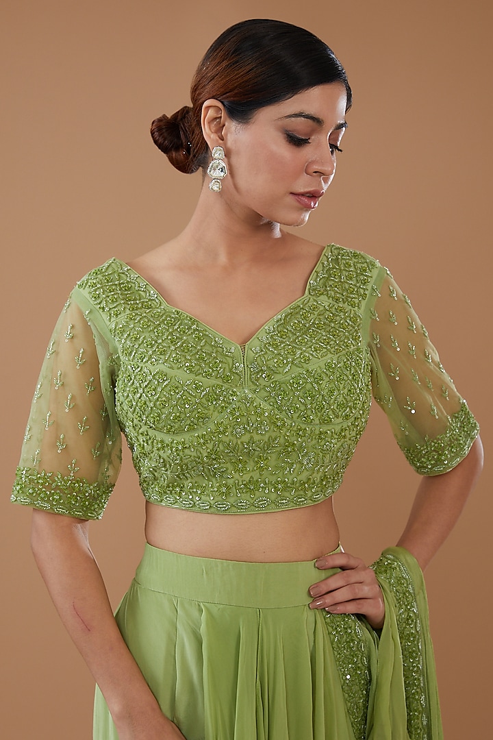 Green Georgette & Crepe Wedding Lehenga Saree Set by Baidehi at Pernia's Pop Up Shop