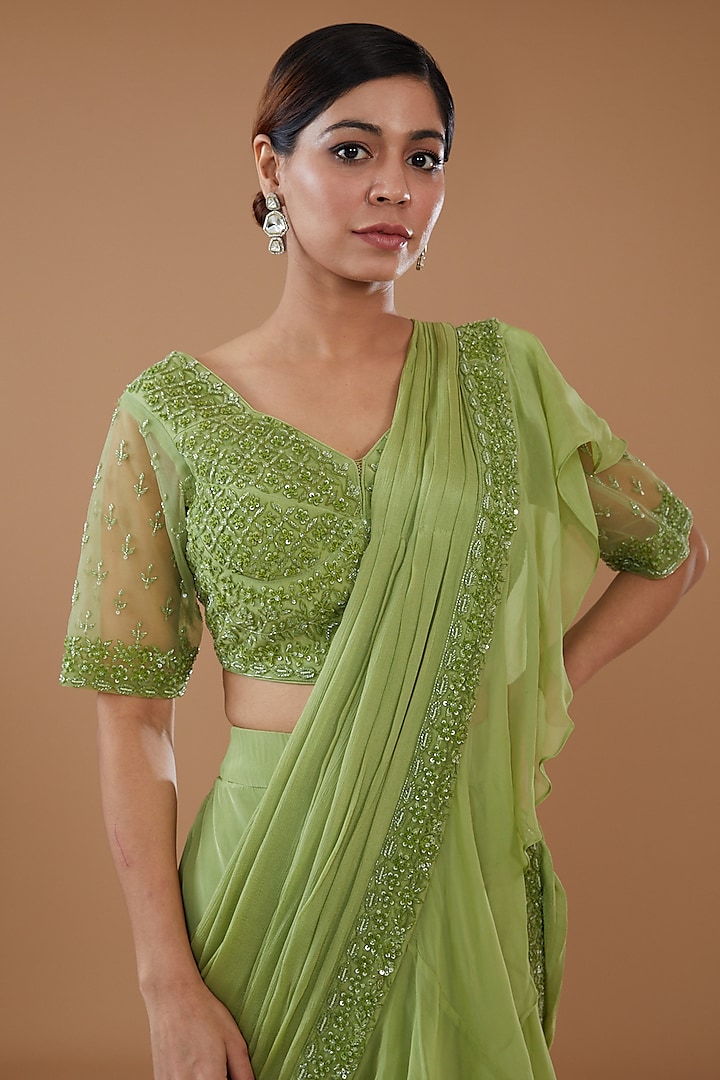 Green Georgette & Crepe Wedding Lehenga Saree Set by Baidehi at Pernia's Pop Up Shop