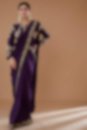 Purple Crepe Draped Lehenga Saree Set by Baidehi