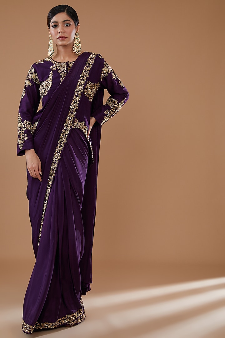 Purple Crepe Draped Lehenga Saree Set by Baidehi