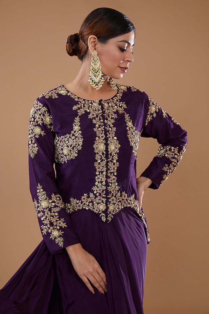 Purple Crepe Draped Wedding Lehenga Saree Set by Baidehi at Pernia's Pop Up Shop