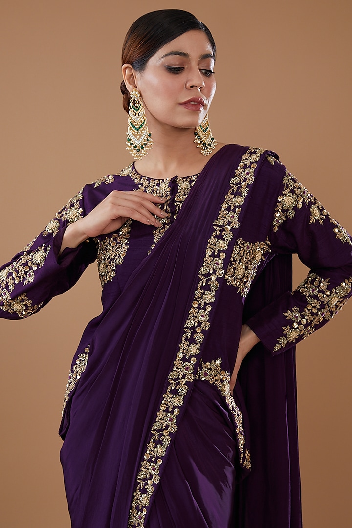 Purple Crepe Draped Wedding Lehenga Saree Set by Baidehi at Pernia's Pop Up Shop