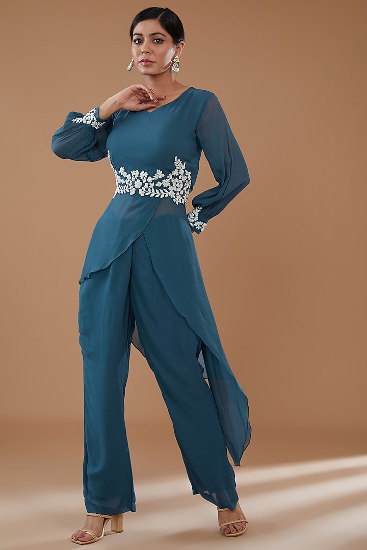 Blue Georgette Embroidered Tunic Set by Baidehi at Pernia's Pop Up Shop