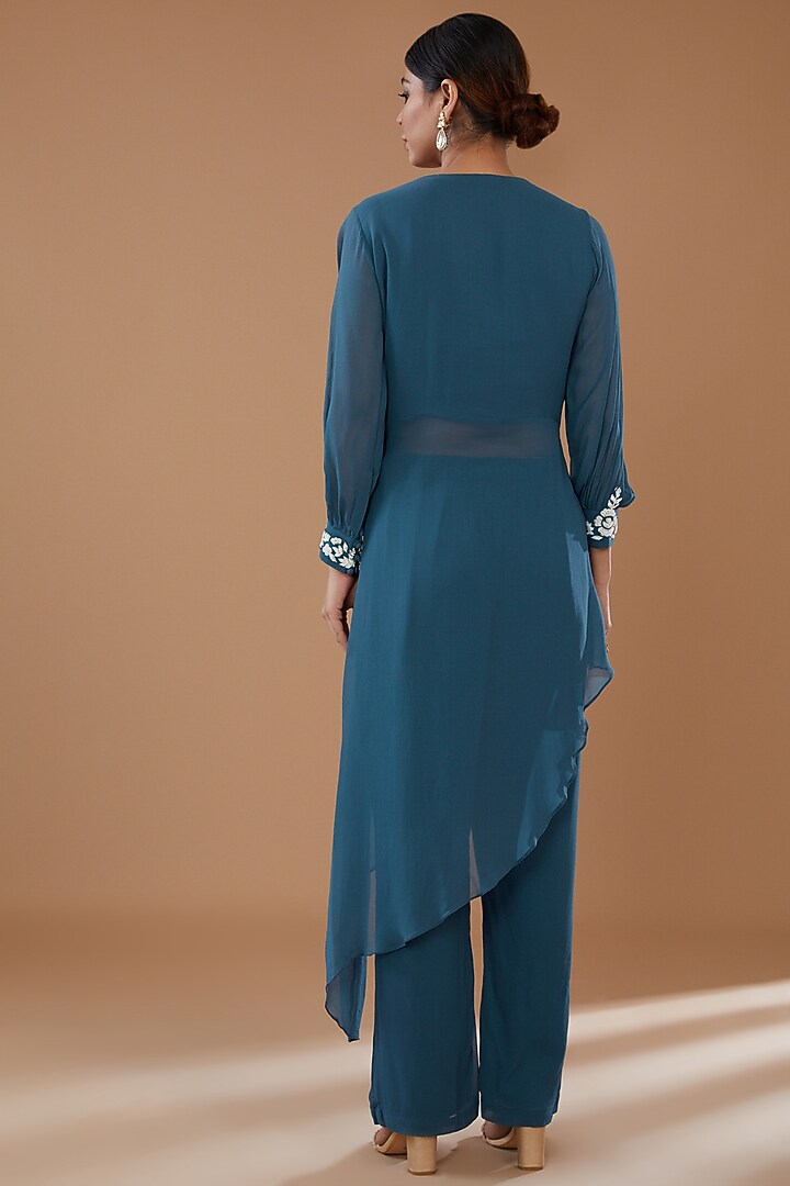 Blue Georgette Embroidered Tunic Set by Baidehi at Pernia's Pop Up Shop