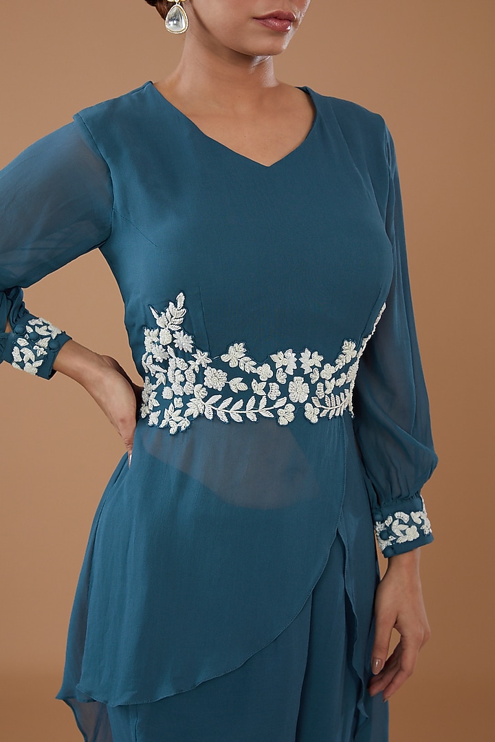 Blue Georgette Embroidered Tunic Set by Baidehi at Pernia's Pop Up Shop