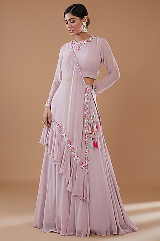 Lavender Georgette Embroidered Draped Lehenga Set by Baidehi
