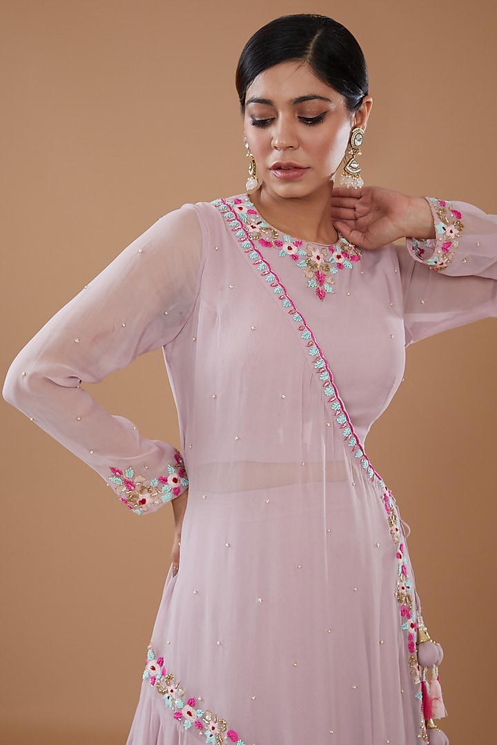 Lavender Georgette Embroidered Draped Lehenga Set by Baidehi at Pernia's Pop Up Shop
