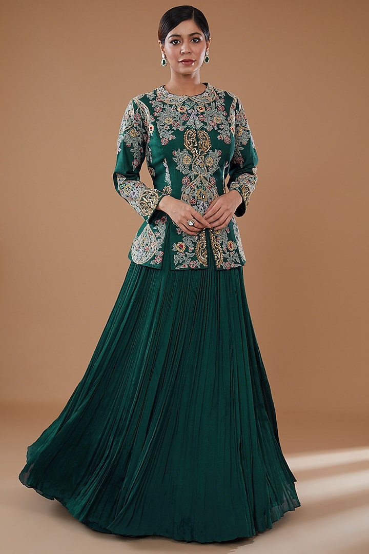 Green Chinon Georgette Skirt Set by Baidehi at Pernia's Pop Up Shop