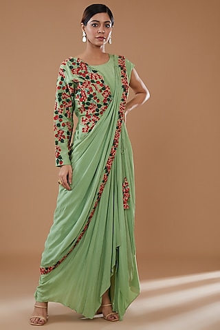 Green Crepe & Bemberg Silk Embroidered Draped Dress by Baidehi