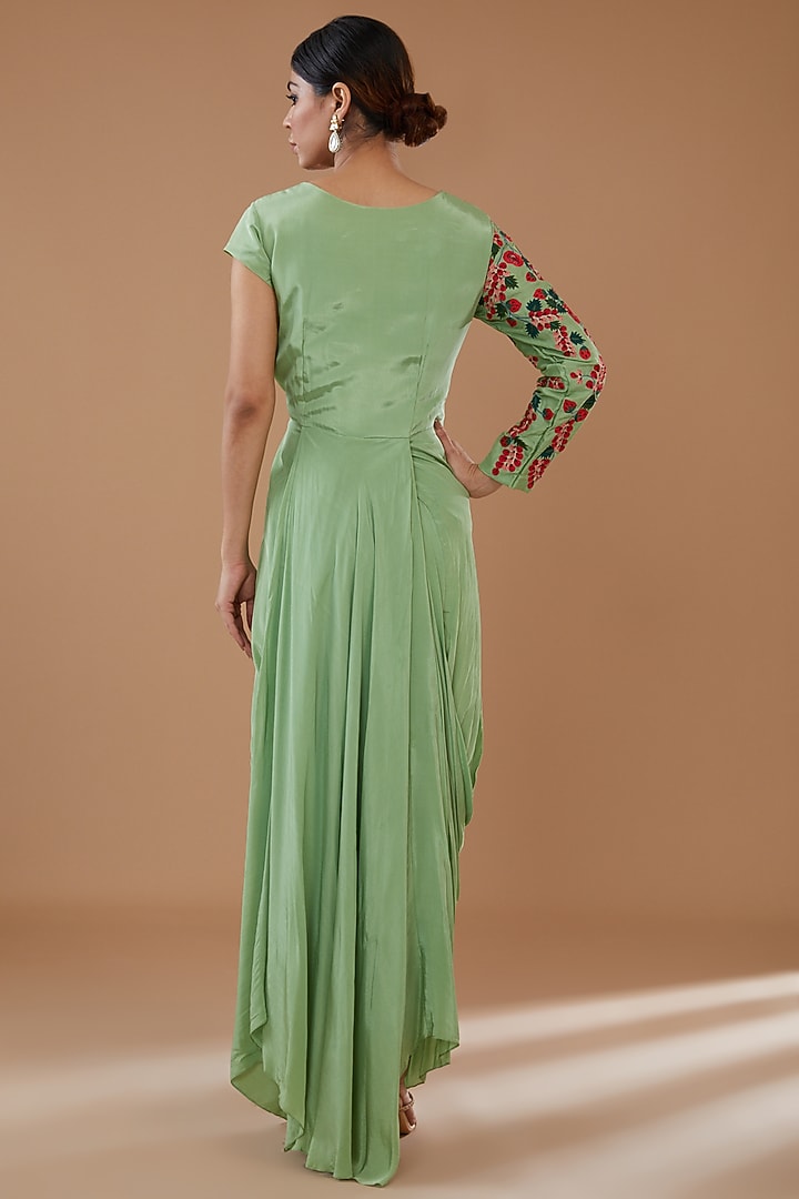 Green Crepe & Bemberg Silk Embroidered Draped Cocktail Dress by Baidehi at Pernia's Pop Up Shop