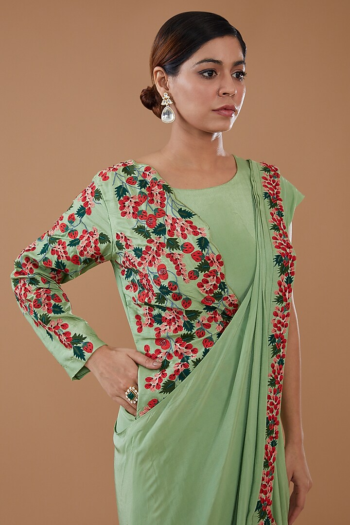 Green Crepe & Bemberg Silk Embroidered Draped Cocktail Dress by Baidehi at Pernia's Pop Up Shop