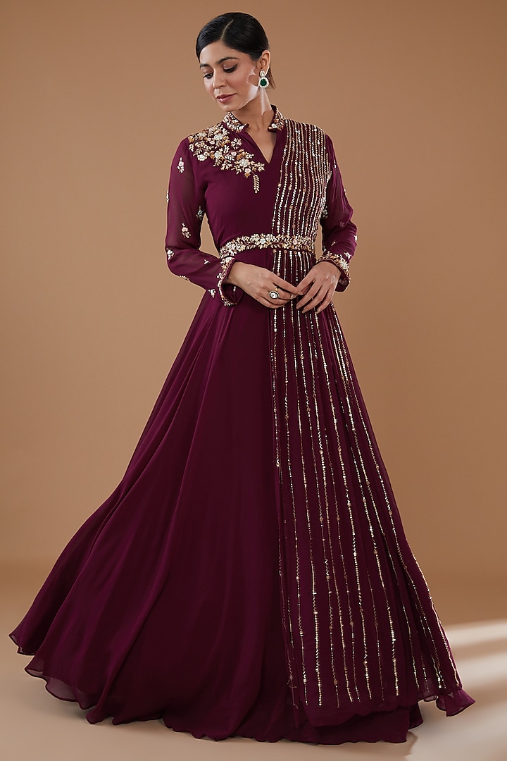 Wine Georgette Embroidered Gown by Baidehi
