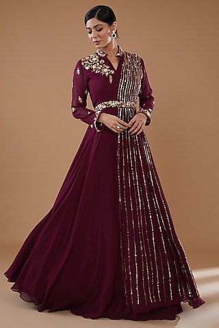 Wine Georgette Embroidered Gown by Baidehi