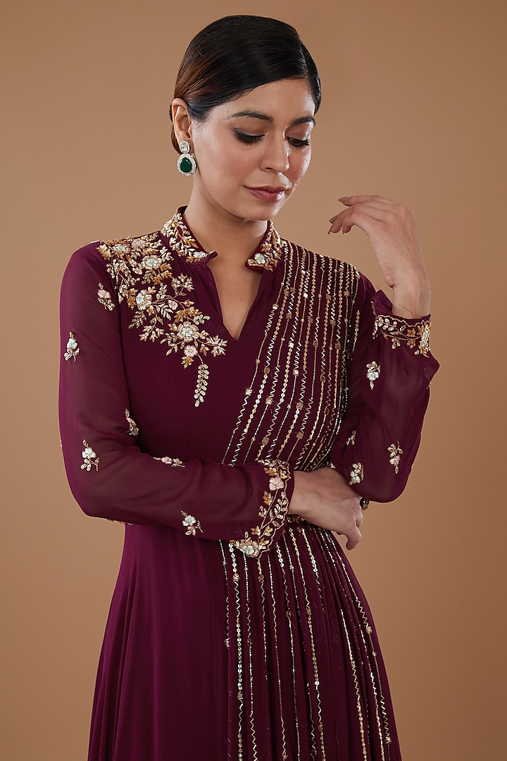Wine Georgette Embroidered Party Wear Gown by Baidehi at Pernia's Pop Up Shop