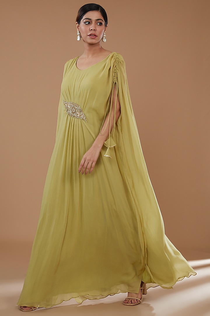 Olive Green Georgette Embroidered Draped Kaftan by Baidehi