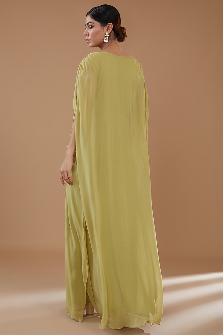 Olive Green Georgette Embroidered Draped Kaftan by Baidehi at Pernia's Pop Up Shop