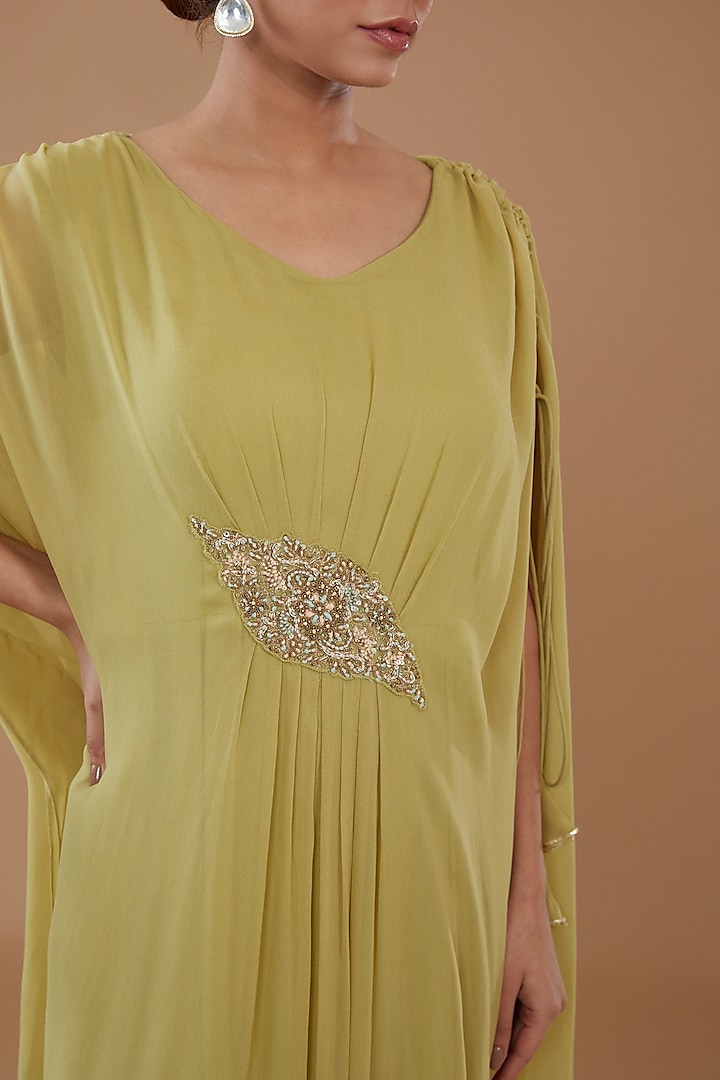 Olive Green Georgette Embroidered Draped Kaftan by Baidehi at Pernia's Pop Up Shop