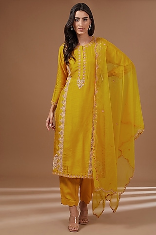 Mustard Bemberg Silk Dabka Embroidered Kurta Set by Baidehi