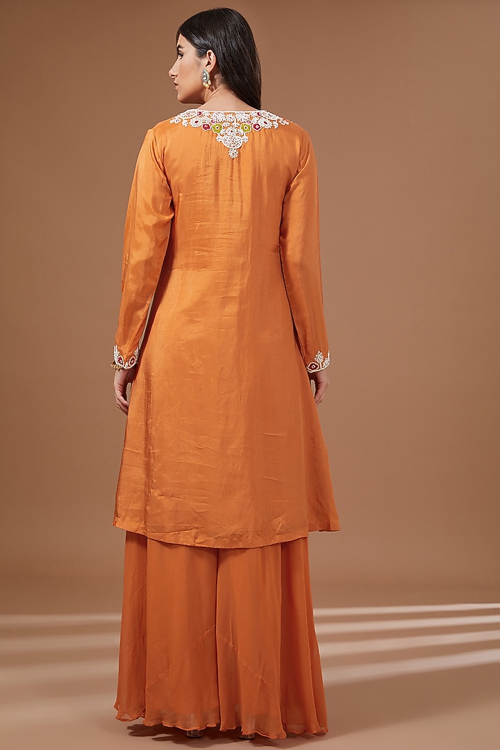 Orange Bemberg Silk Thread Embroidered High-Low Kurta Set by Baidehi at Pernia's Pop Up Shop