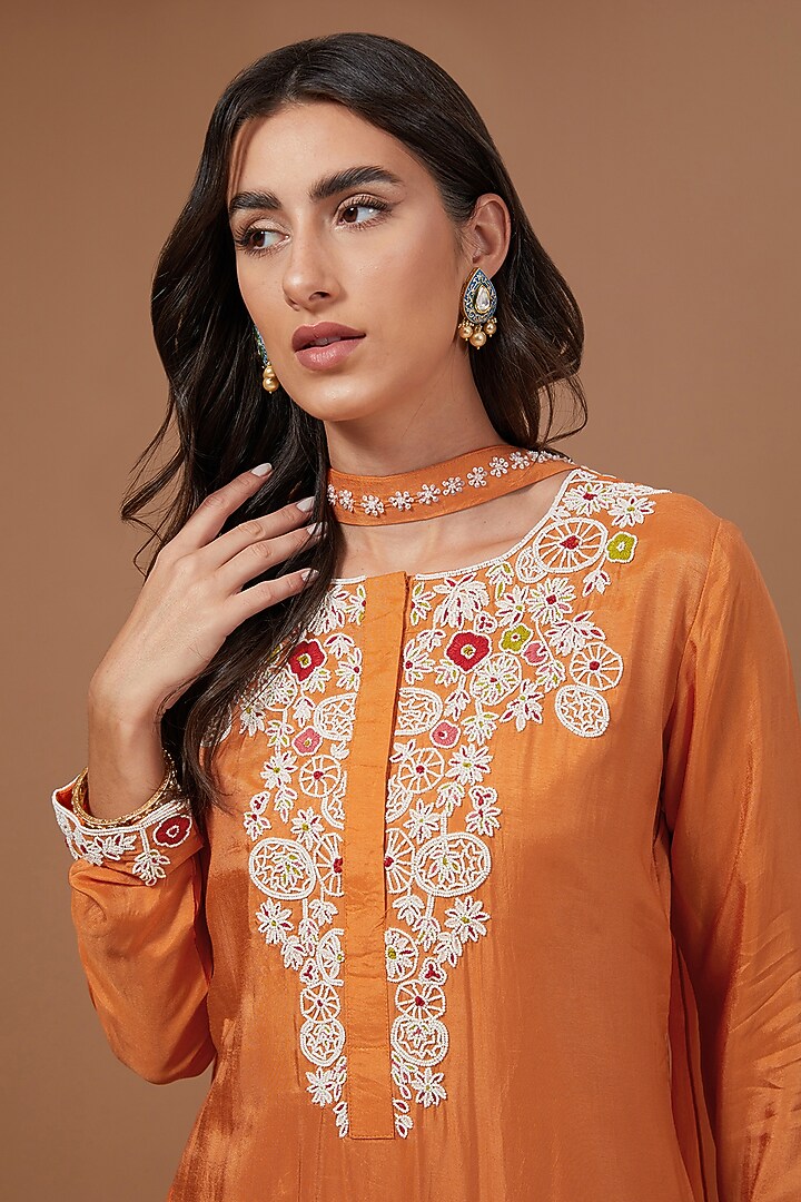 Orange Bemberg Silk Thread Embroidered High-Low Kurta Set by Baidehi at Pernia's Pop Up Shop