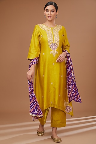 Mustard Chanderi Silk Pitta Embroidered Asymmetric Kurta Set by Baidehi