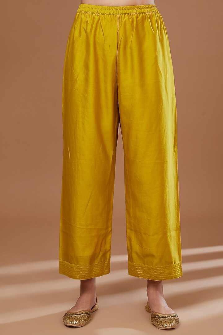 Mustard Chanderi Silk Pitta Embroidered Asymmetric Kurta Set by Baidehi at Pernia's Pop Up Shop