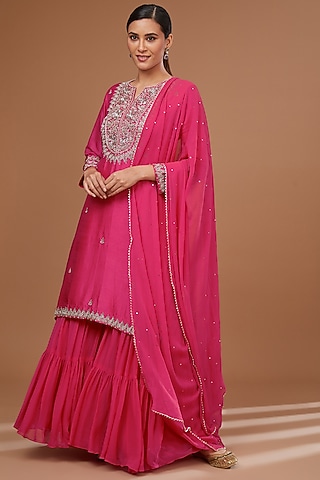 Fuchsia Georgette Sharara Set by Baidehi