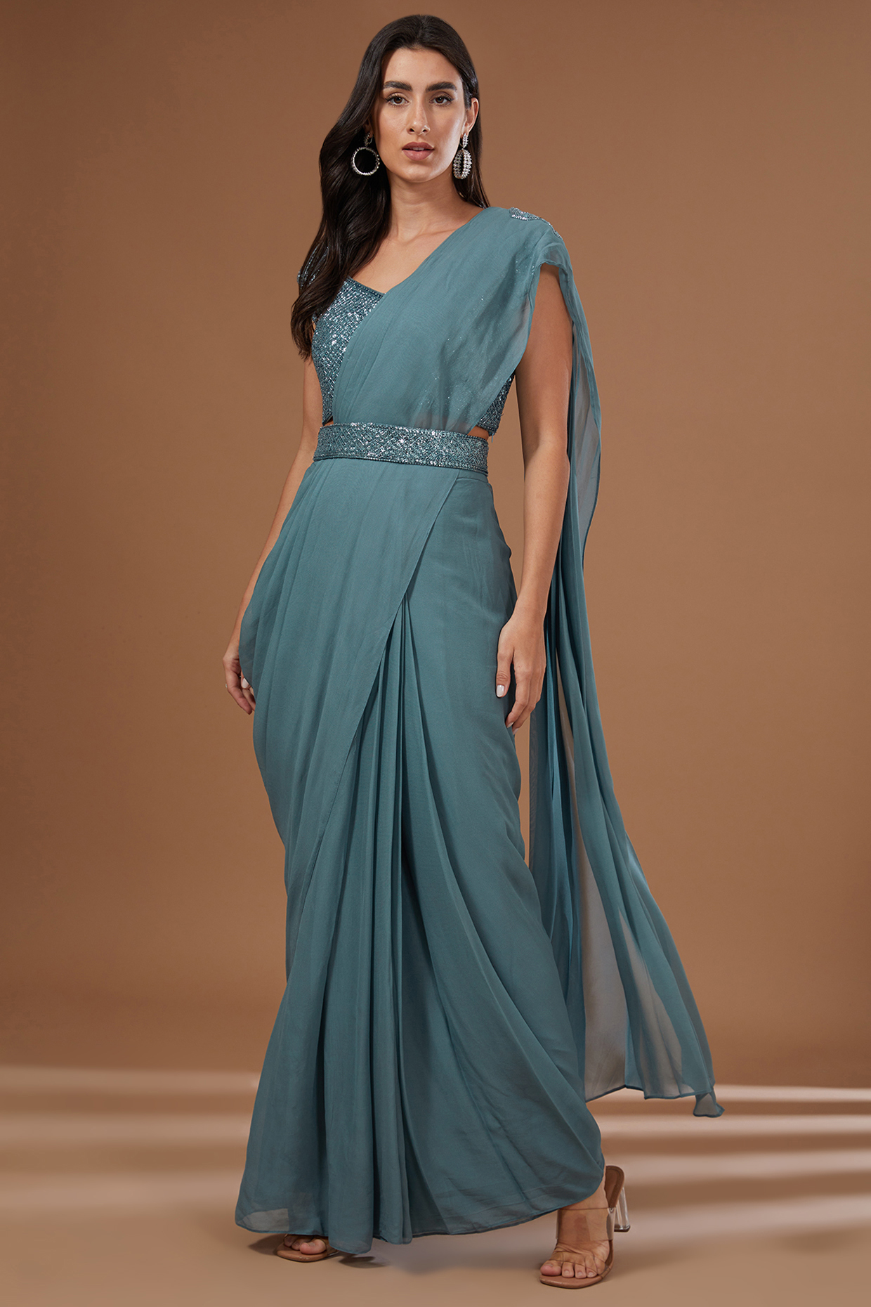 Cadet Blue Georgette Draped Wedding Saree Set by Baidehi at Pernia's Pop Up Shop