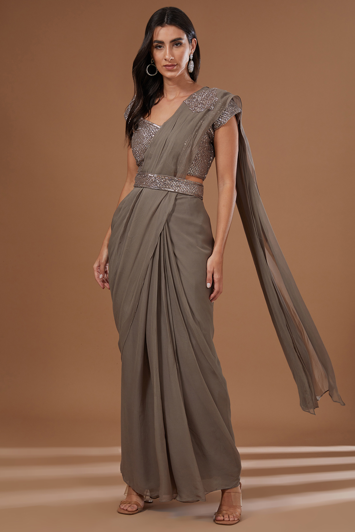 Mouse Grey Georgette Draped Wedding Saree Set by Baidehi at Pernia's Pop Up Shop