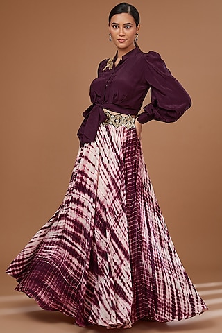 Wine Crepe Tie-Dye Skirt Set by Baidehi