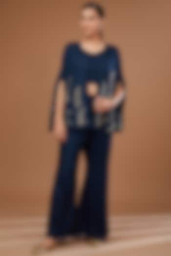 Blue Chinon Georgette Cutdana Embroidered Cape Set by Baidehi at Pernia's Pop Up Shop