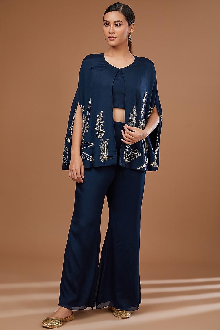 Blue Chinon Georgette Cutdana Embroidered Cape Set by Baidehi at Pernia's Pop Up Shop