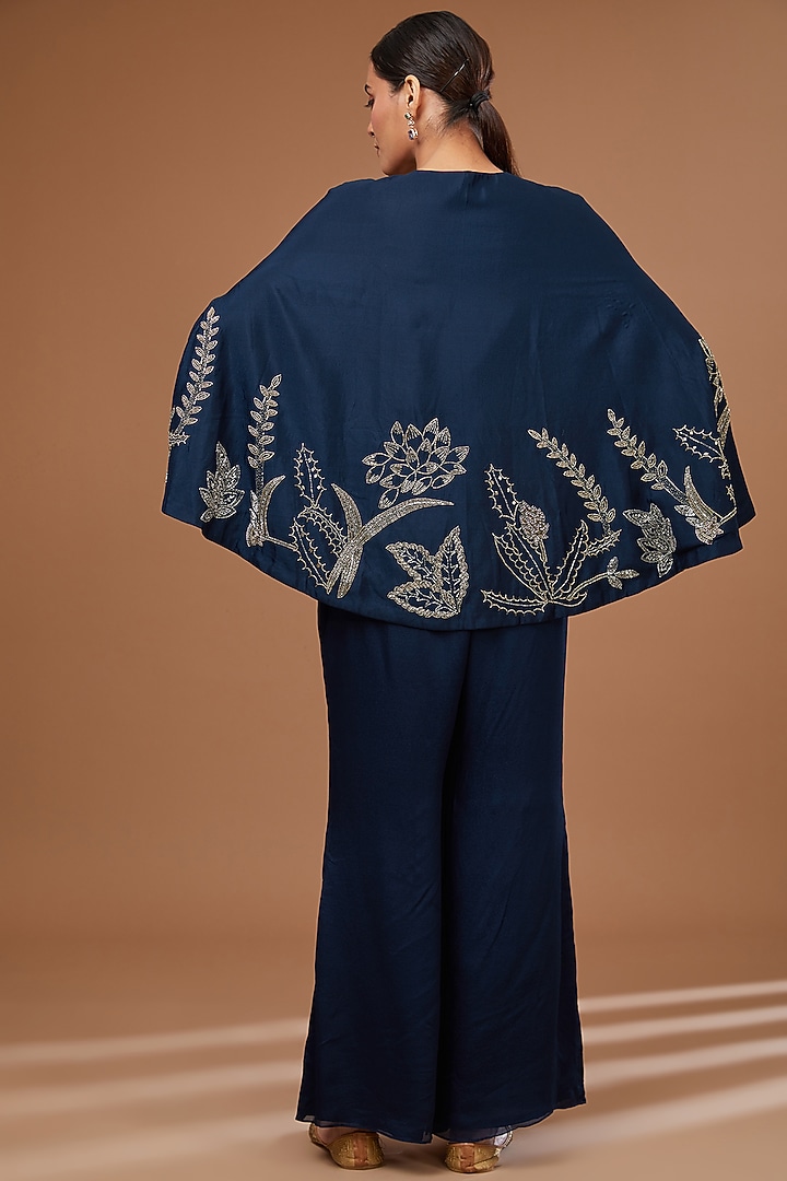 Blue Chinon Georgette Cutdana Embroidered Cape Set by Baidehi at Pernia's Pop Up Shop