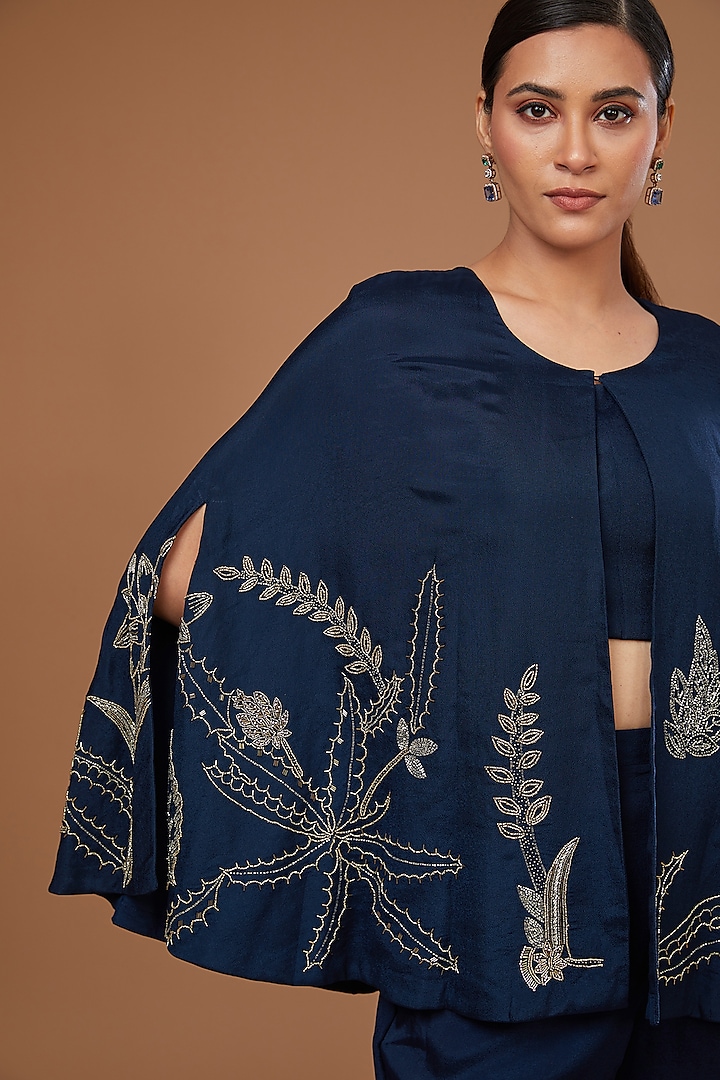 Blue Chinon Georgette Cutdana Embroidered Cape Set by Baidehi at Pernia's Pop Up Shop
