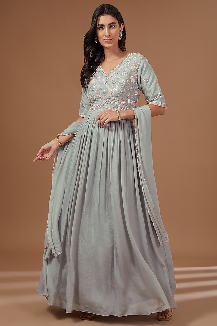 Grey Bemberg Silk Zardosi Embroidered Anarkali Set by Baidehi