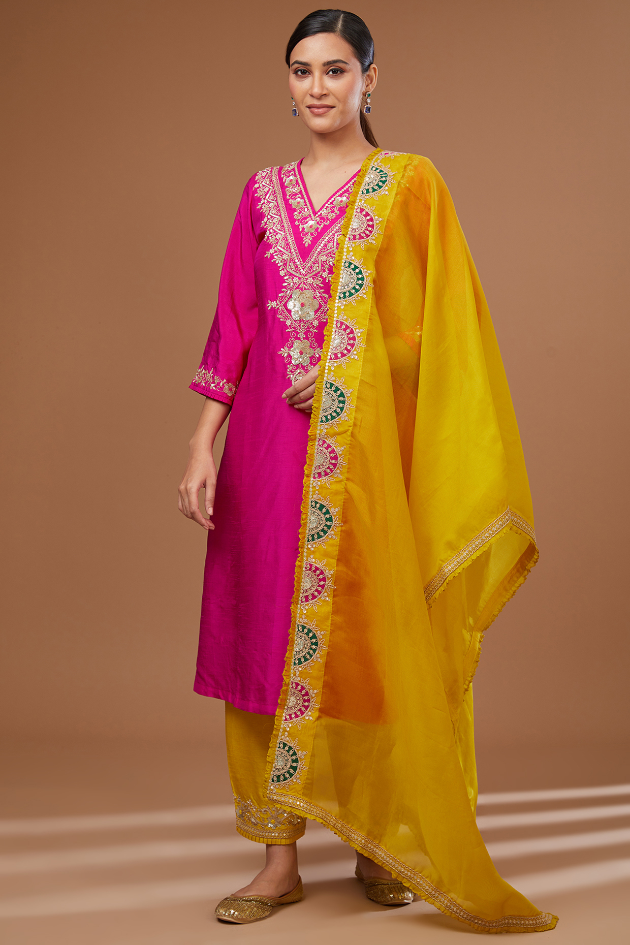 Fuchsia Chanderi Silk Sequins Embroidered Kurta Set by Baidehi at Pernia's Pop Up Shop