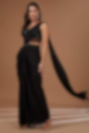 Black Soft Net Bead Embroidered Draped Saree Set by Baidehi at Pernia's Pop Up Shop