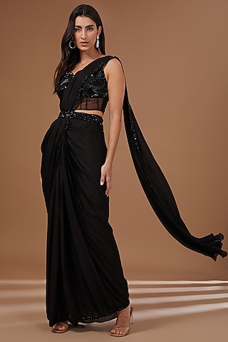 Black Soft Net Bead Embroidered Draped Saree Set by Baidehi