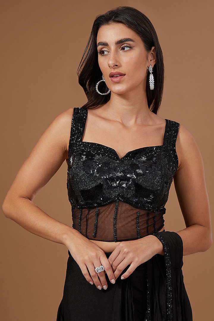 Black Soft Net Bead Embroidered Draped Party Wear Saree Set by Baidehi at Pernia's Pop Up Shop