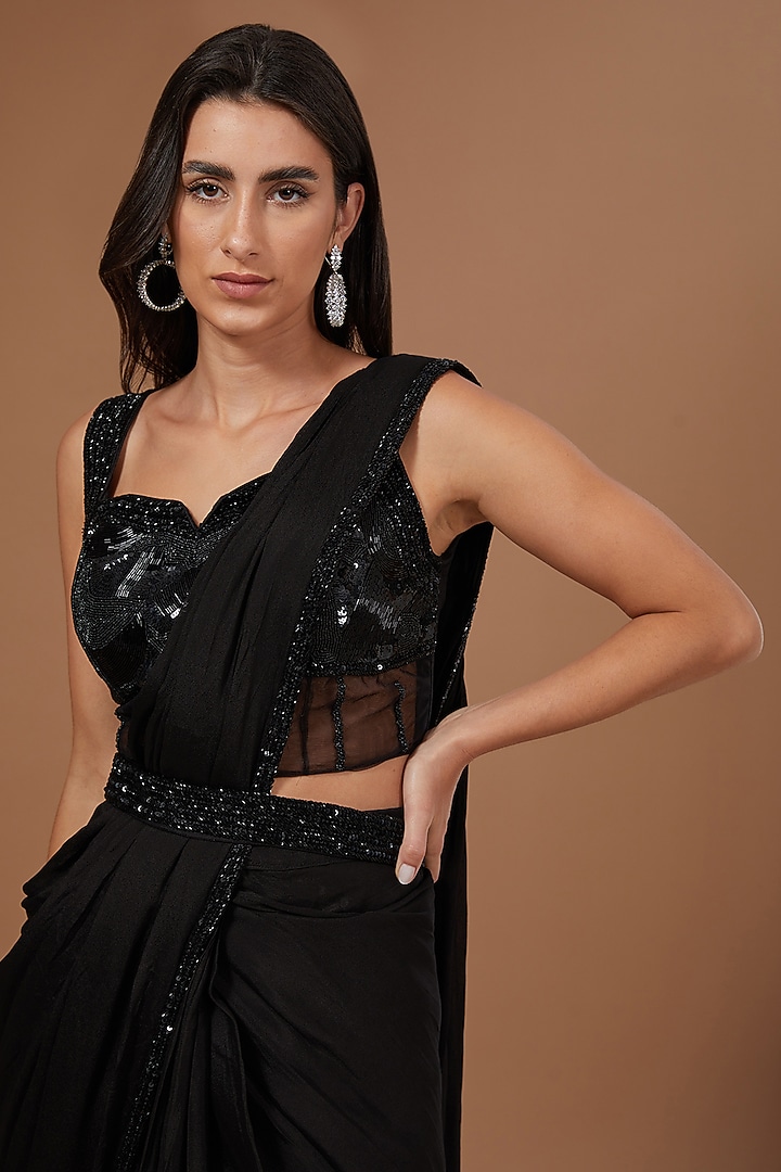 Black Soft Net Bead Embroidered Draped Party Wear Saree Set by Baidehi at Pernia's Pop Up Shop