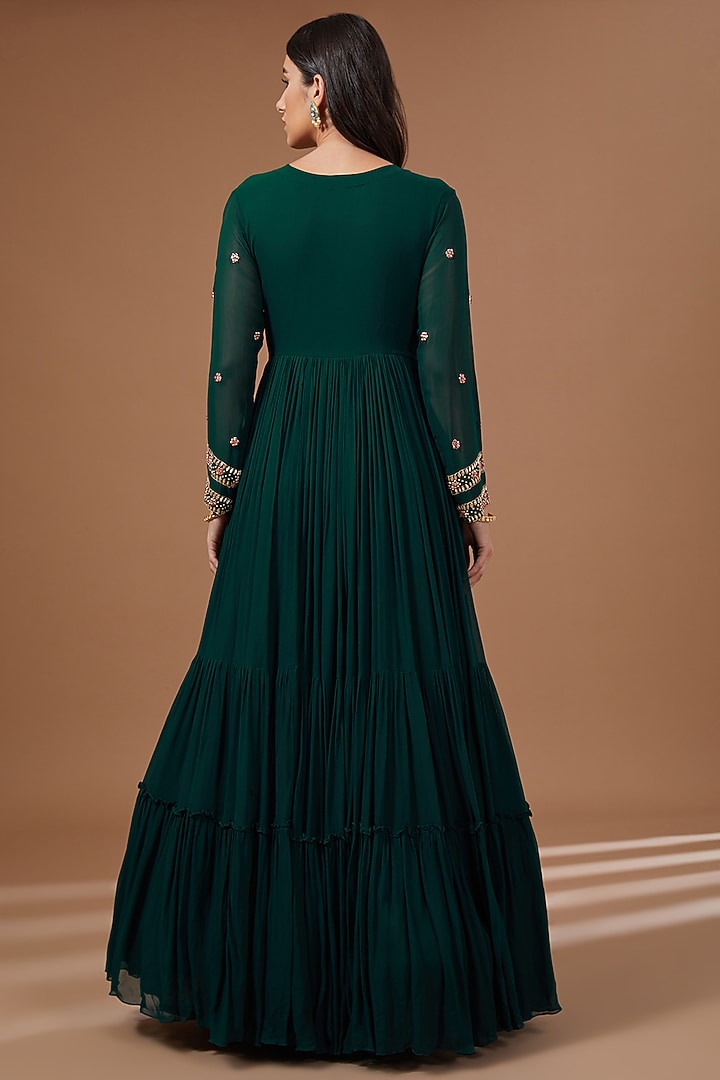 Bottle Green Georgette Dabka Embroidered Party Wear Anarkali by Baidehi at Pernia's Pop Up Shop