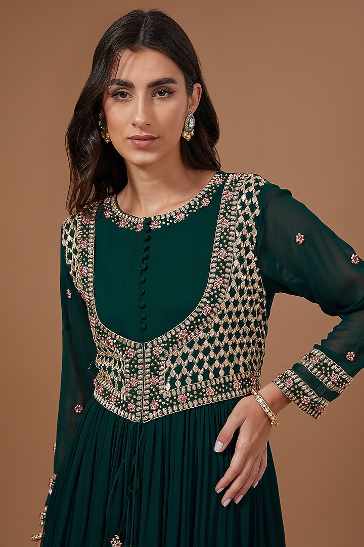 Bottle Green Georgette Dabka Embroidered Party Wear Anarkali by Baidehi at Pernia's Pop Up Shop