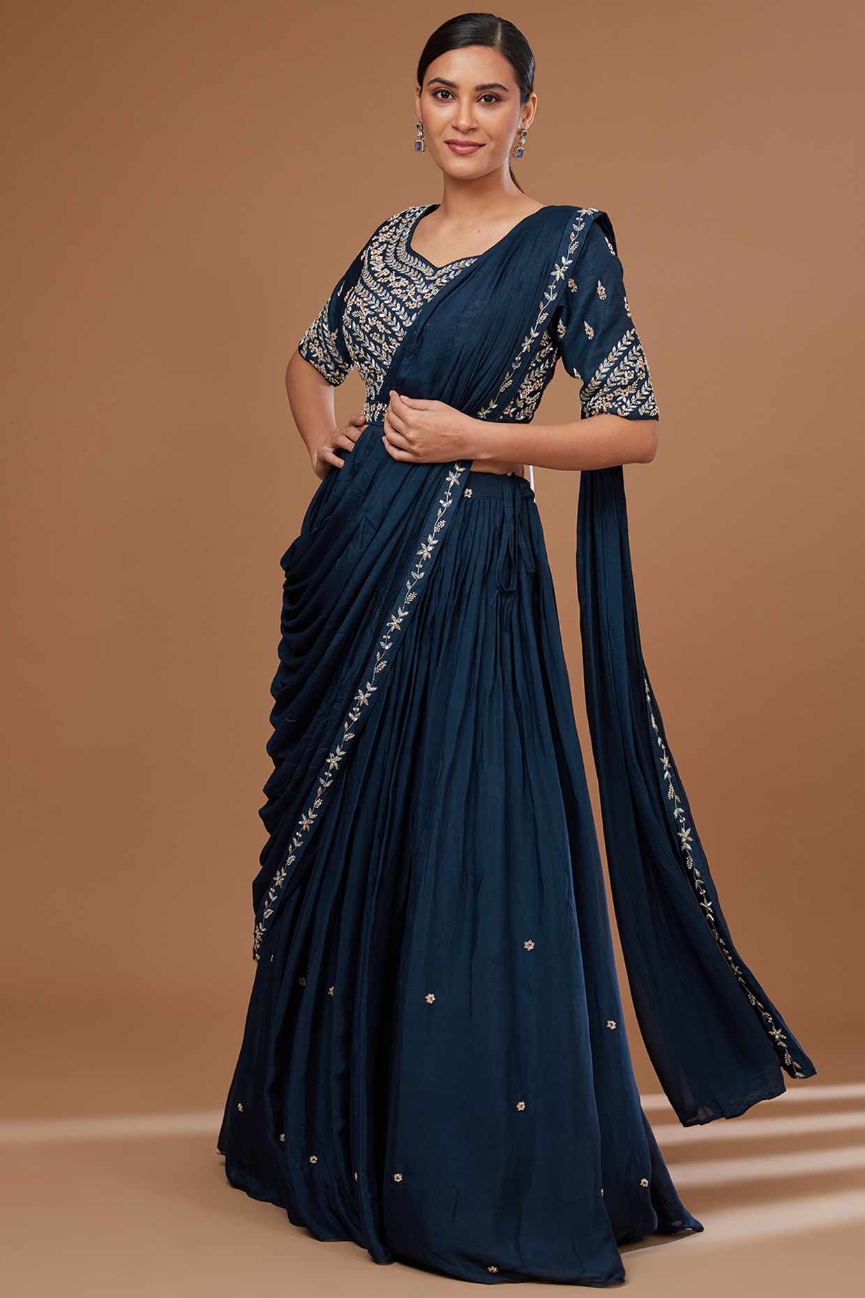 Beige And Navy Blue Designer Lehenga Saree | Party wear lehenga, Indian  wedding dress, Bridal lehenga choli