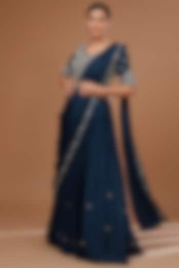 Blue Chinon Georgette Cutdana Embroidered Draped Lehenga Saree Set by Baidehi