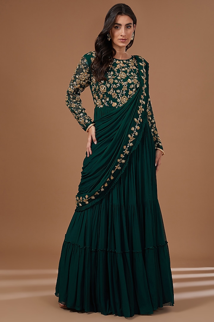 Bottle Green Georgette Cutdana Embroidered Draped Gown Saree by Baidehi
