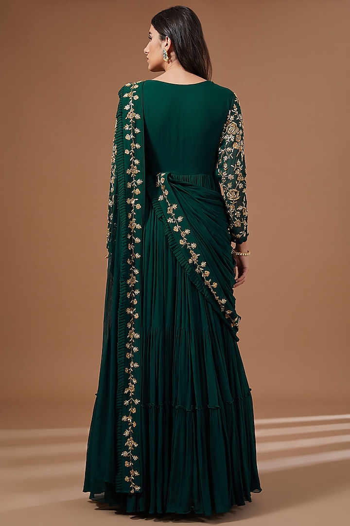 Bottle Green Georgette Cutdana Embroidered Draped Wedding Gown Saree by Baidehi at Pernia's Pop Up Shop