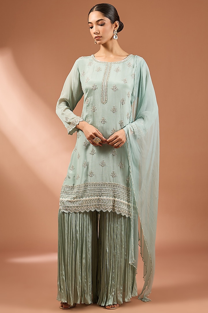 Light Blue Chinon Georgette Sharara Set by Baidehi at Pernia's Pop Up Shop