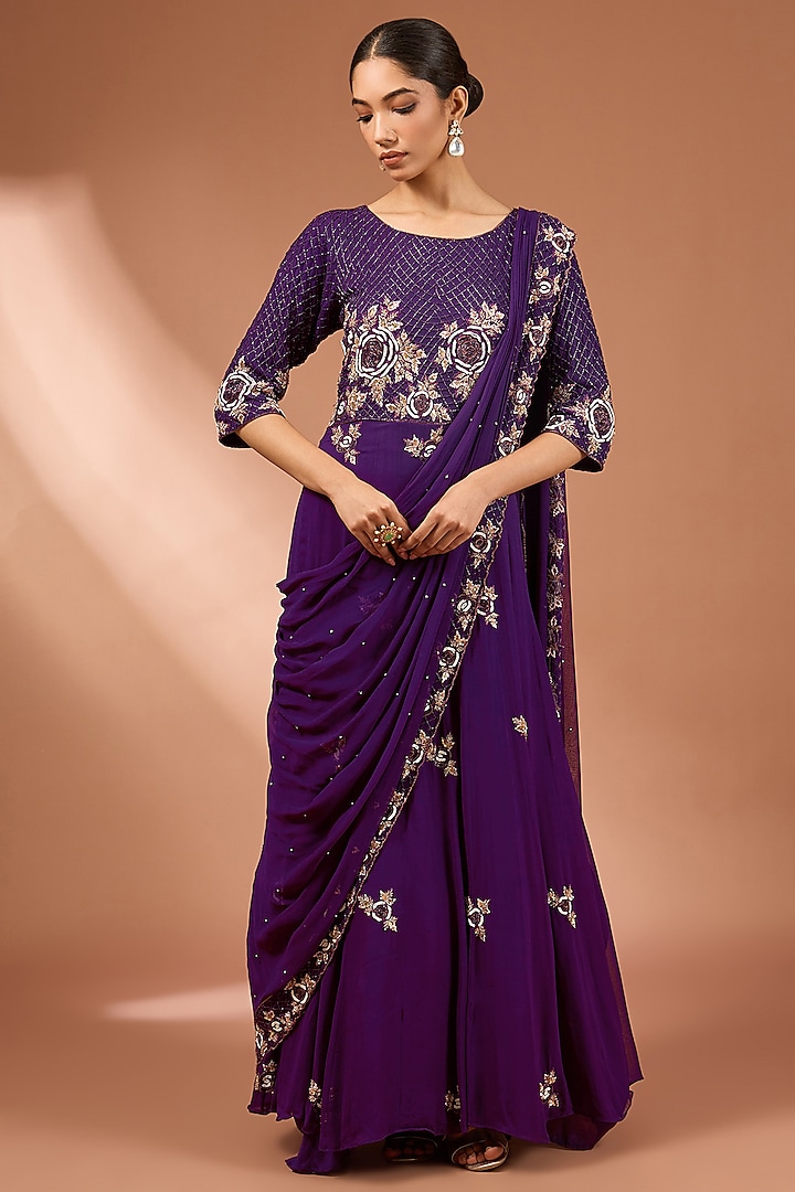 Deep Purple Georgette Pearl & Cutdana Embroidered Draped Gown Saree by Baidehi at Pernia's Pop Up Shop