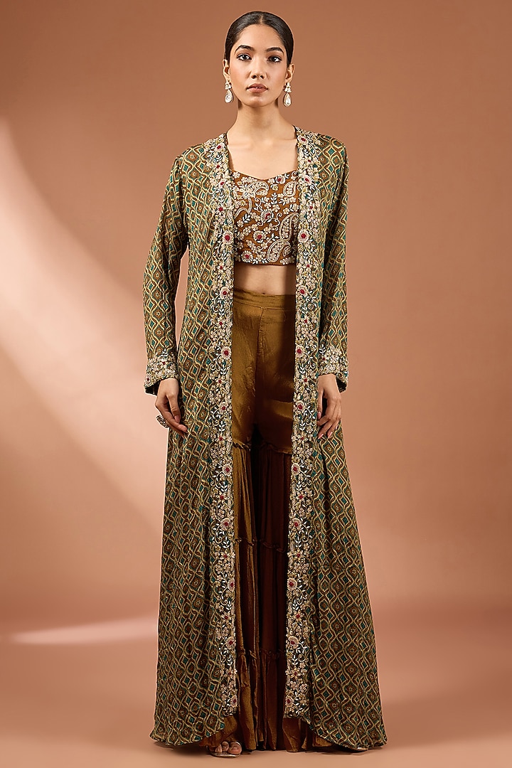 Cocoa Brown Chinon Georgette Sequins & Dabka Embroidered Jacket Set by Baidehi at Pernia's Pop Up Shop